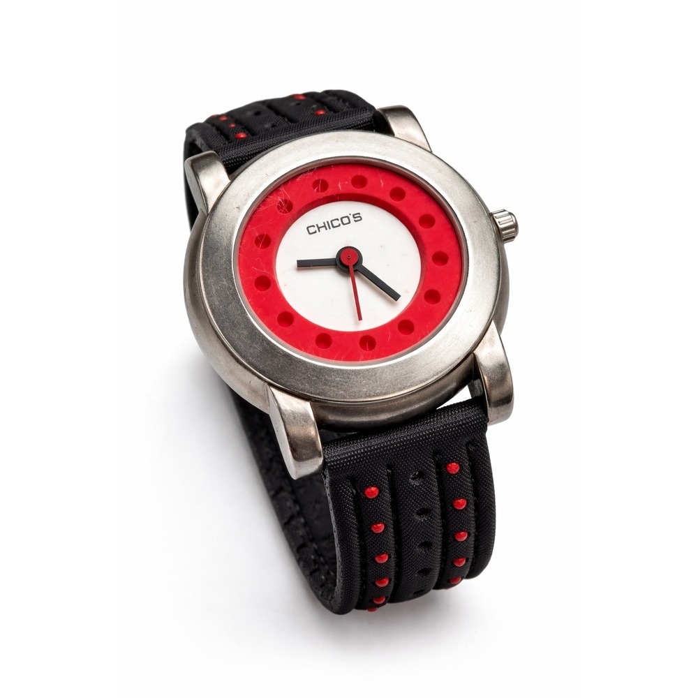 VTG Y2K Chicos Wrist Watch Black Red Leather Band Stainless Steel Y2K Cybercore